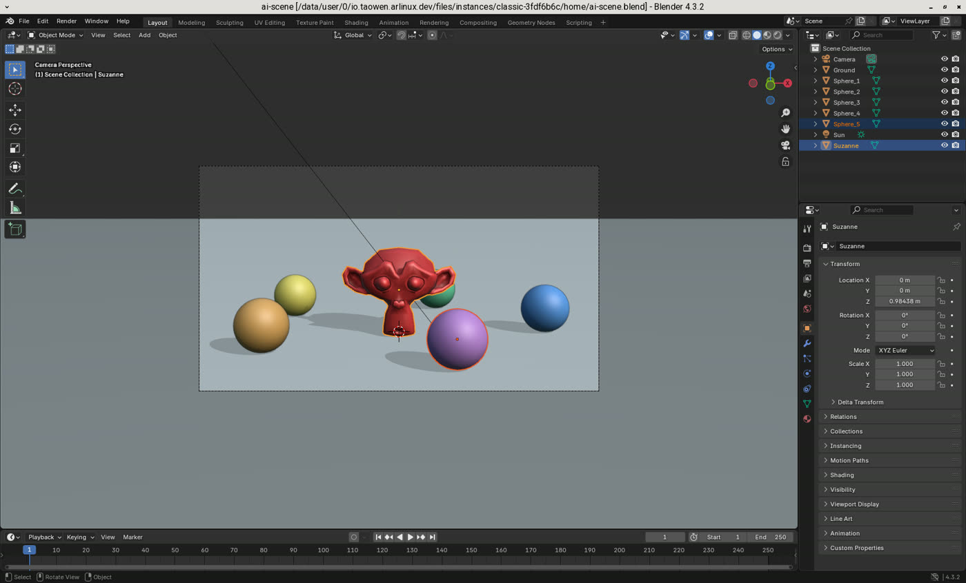 Blender on an AYANEO Pocket FIT showing a red monkey head and five colored spheres that OpenCode built from one prompt.