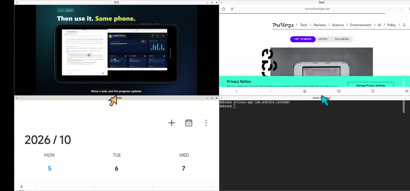VLC, Soul browser, Calendar and a terminal in separate windows.