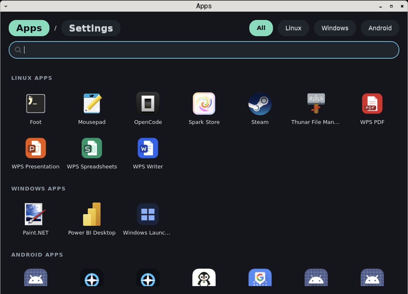 The Apps window with Linux apps, Windows apps (Paint.NET, Power BI Desktop, Windows Launcher) and Android apps, and the Settings tab.
