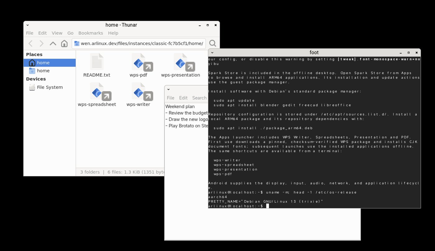 Classic on a Xiaomi 15: overlapping windows for the file manager, a text editor and a Debian terminal.