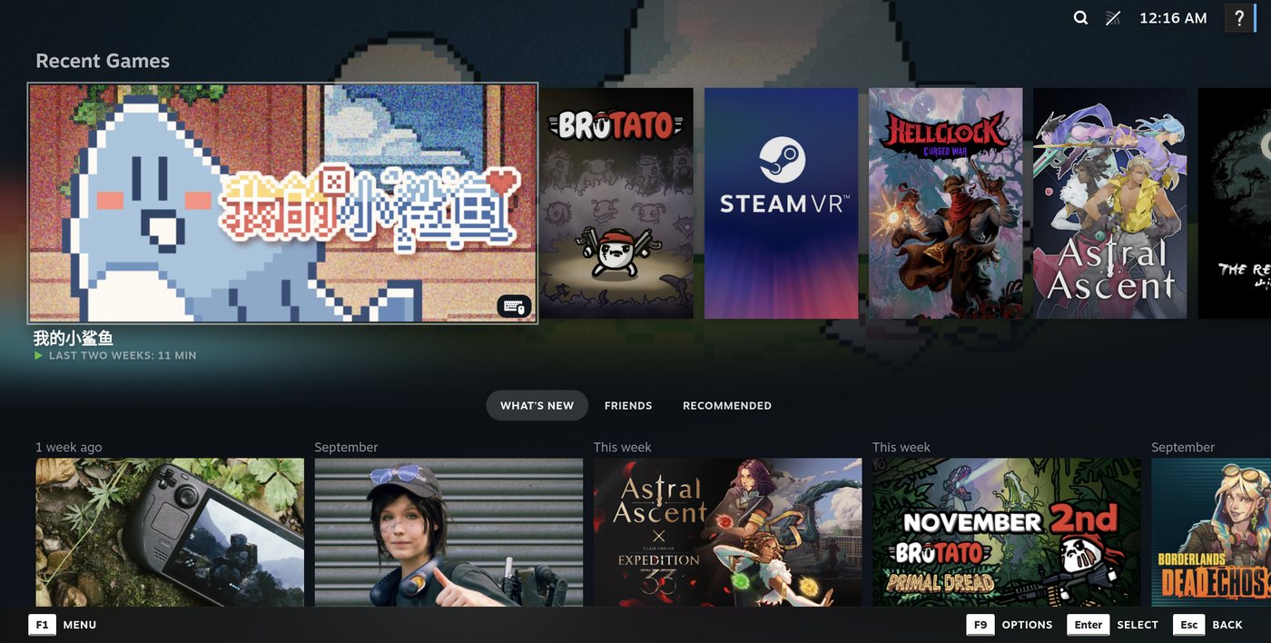 Steam Big Picture on a Xiaomi 15, showing recent games.