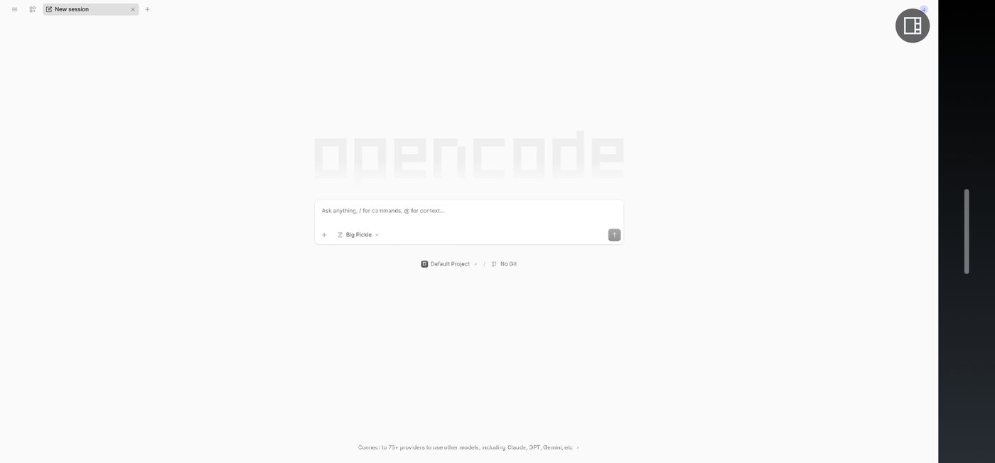 OpenCode full screen, with the round restore button at the top right.