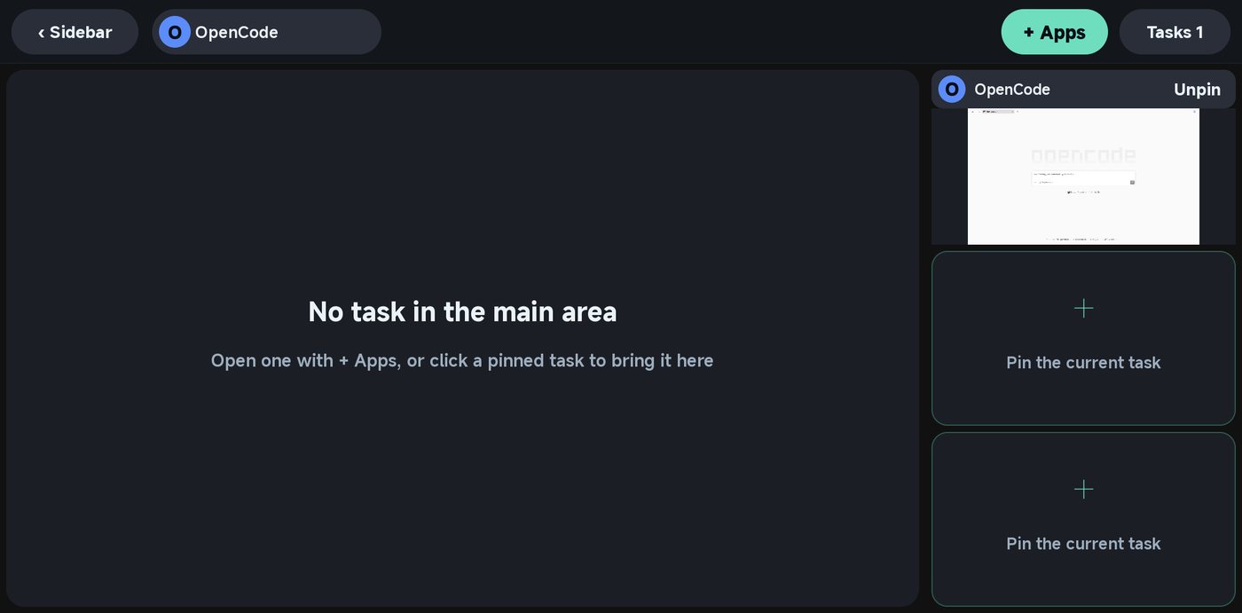 OpenCode pinned in the first slot; the main area is empty.