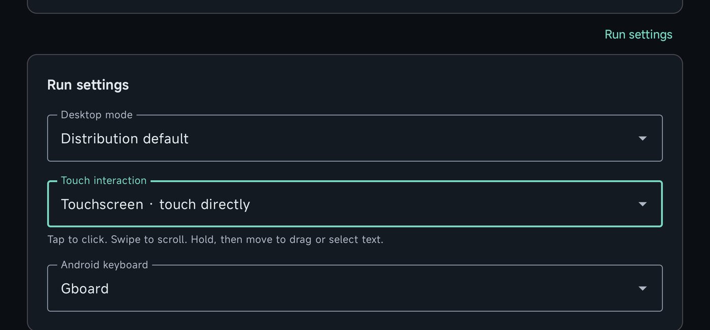 Run settings: Desktop mode, Touch interaction set to Touchscreen, and Android keyboard Gboard.