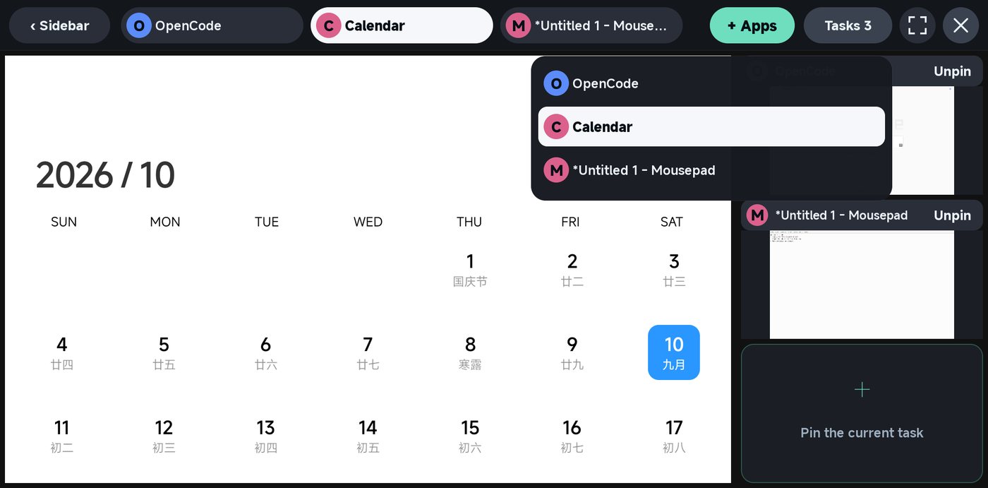 The Tasks menu listing OpenCode, Calendar and Mousepad.